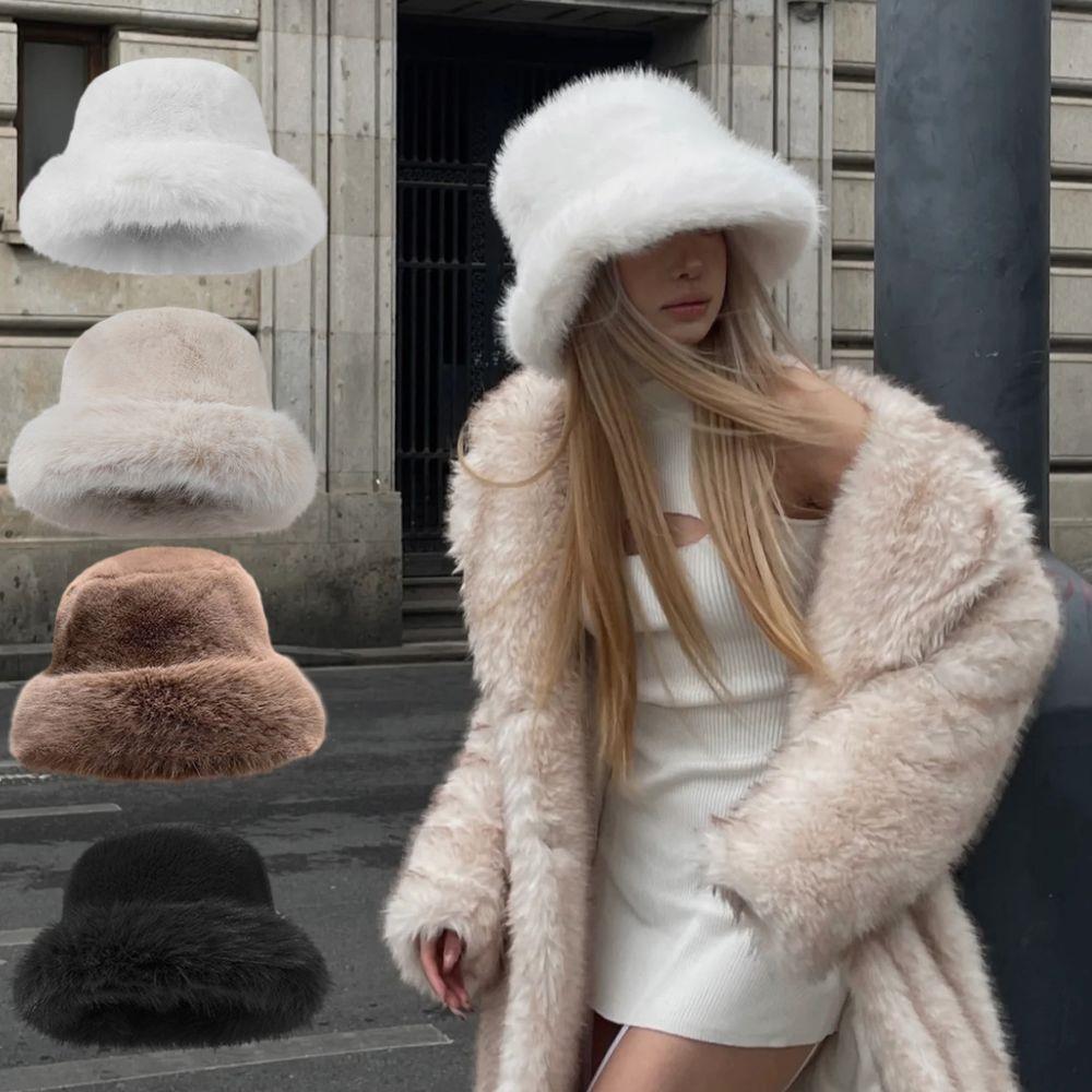 Bucket Hat Embroidered - Fluffy Fur Bucket Hat For Women